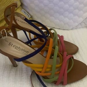 Multi colored open toe strappy heels. Size 9M made in Brazil.